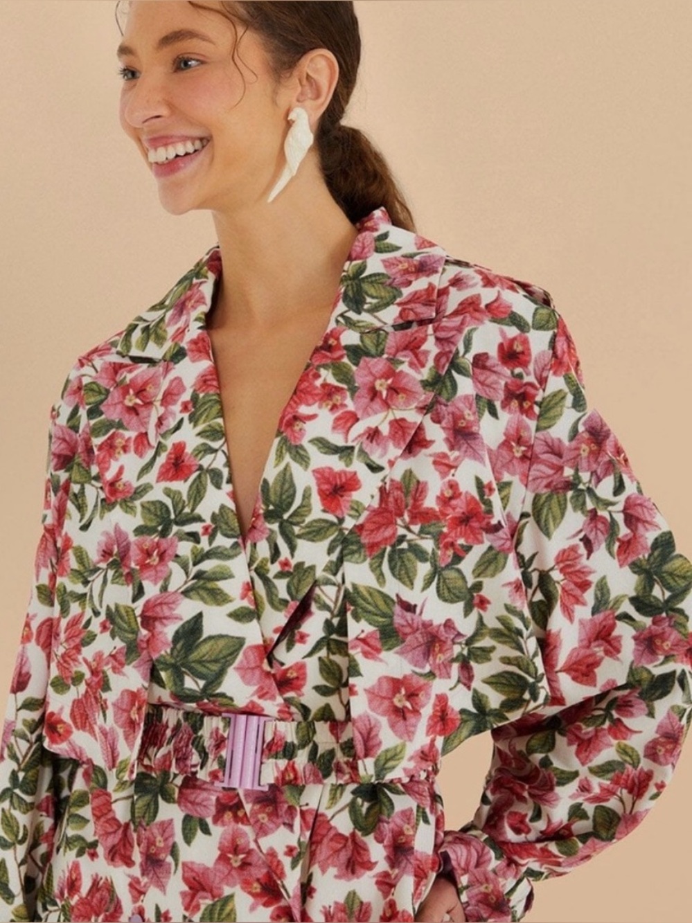 FARM Rio Halftone Pink Bouganvillea Oversized Trench Coat